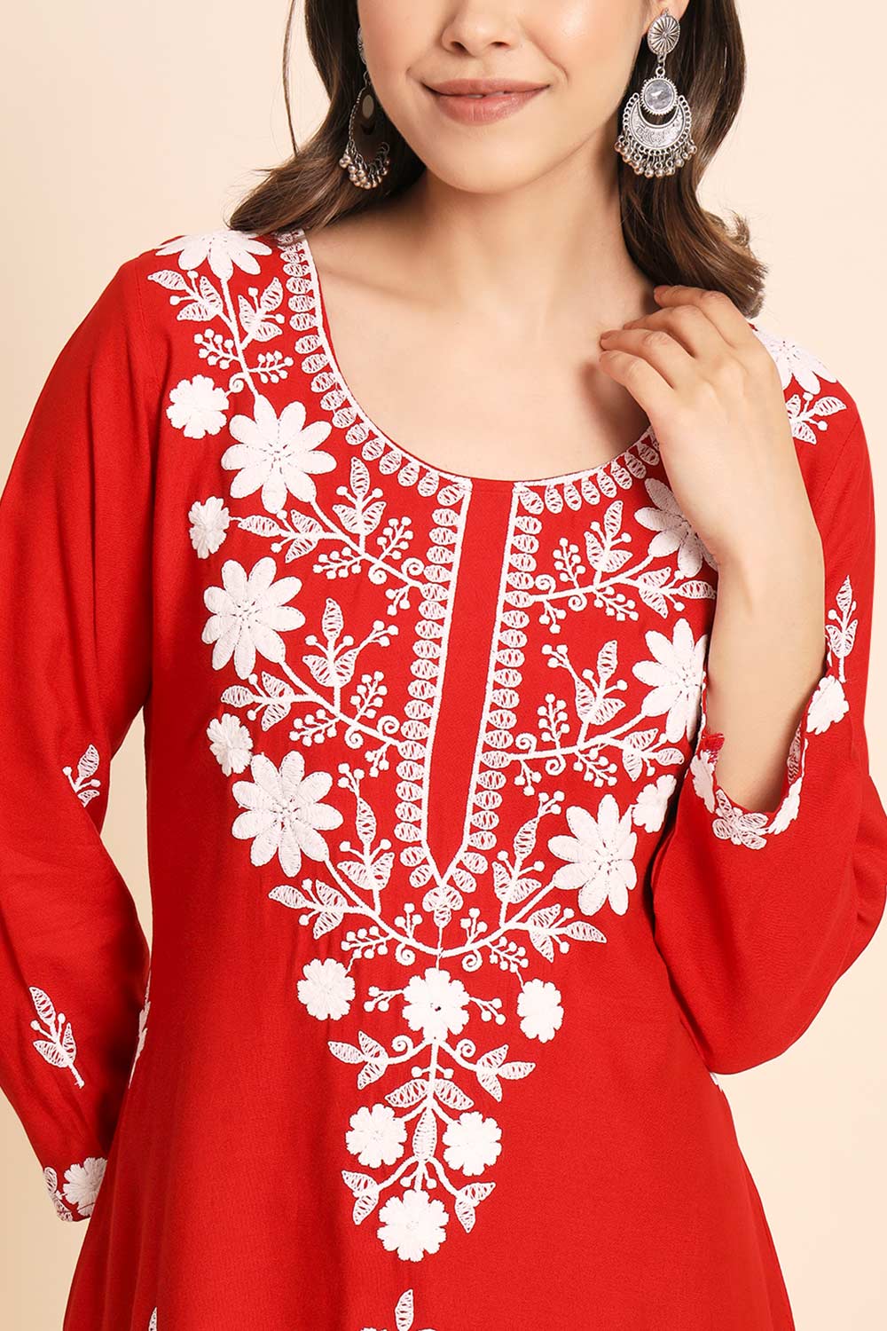 Orange Rayon Chikankari Embroiderd Work Kurti