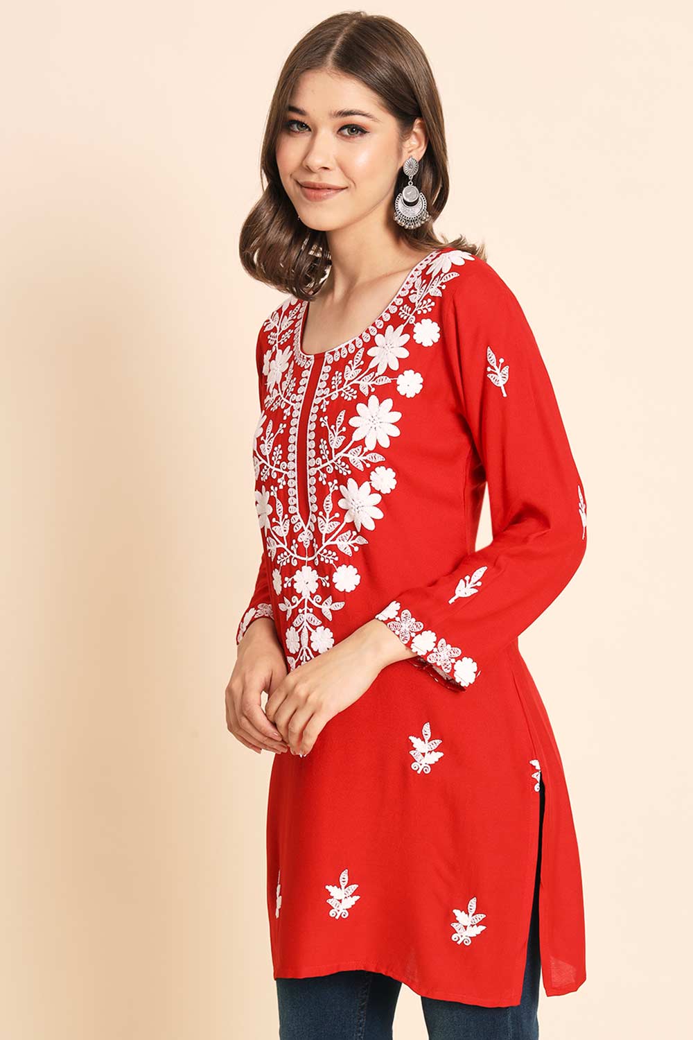 Orange Rayon Chikankari Embroiderd Work Kurti