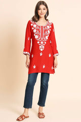 Orange Rayon Chikankari Embroiderd Work Kurti