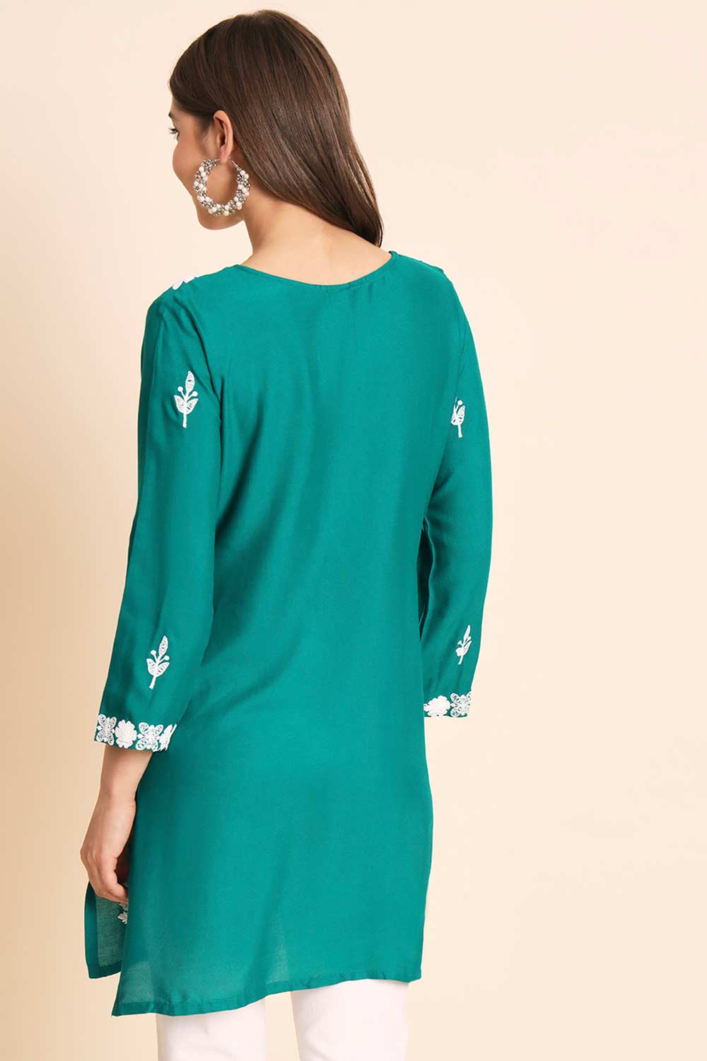 Teal Rayon Chikankari Embroiderd Work Kurti