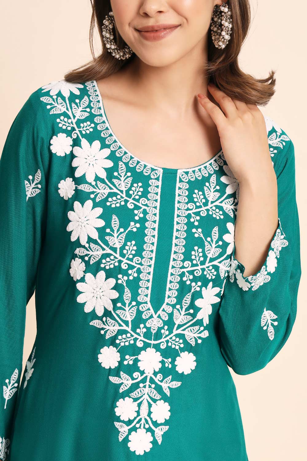 Teal Rayon Chikankari Embroiderd Work Kurti