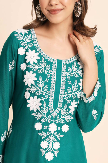 Teal Rayon Chikankari Embroiderd Work Kurti