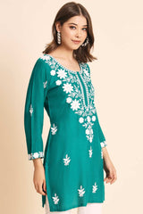 Teal Rayon Chikankari Embroiderd Work Kurti