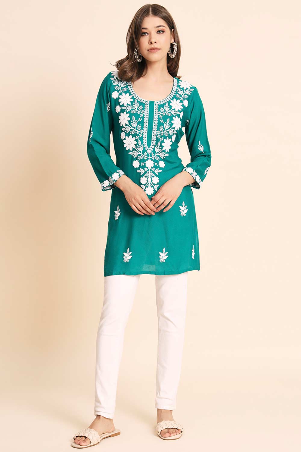 Teal Rayon Chikankari Embroiderd Work Kurti