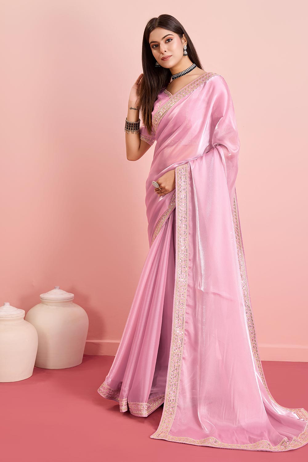 Pink Jimmy Choo Embroidered Saree