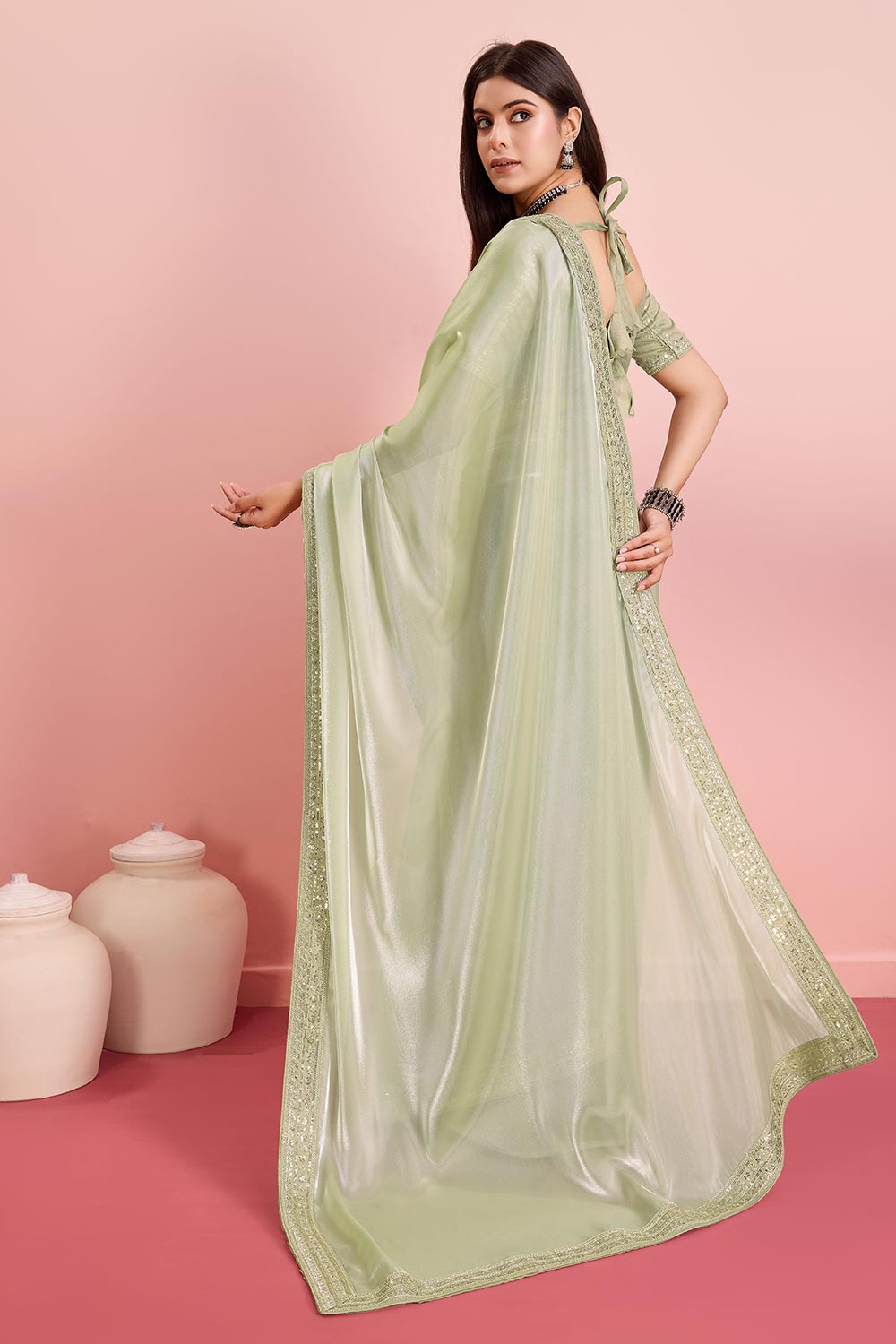 Pista Jimmy Choo Embroidered Saree