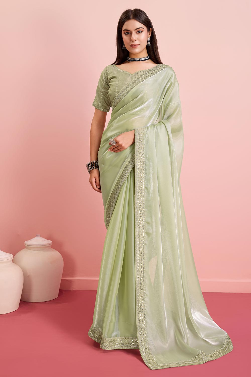 Pista Jimmy Choo Embroidered Saree