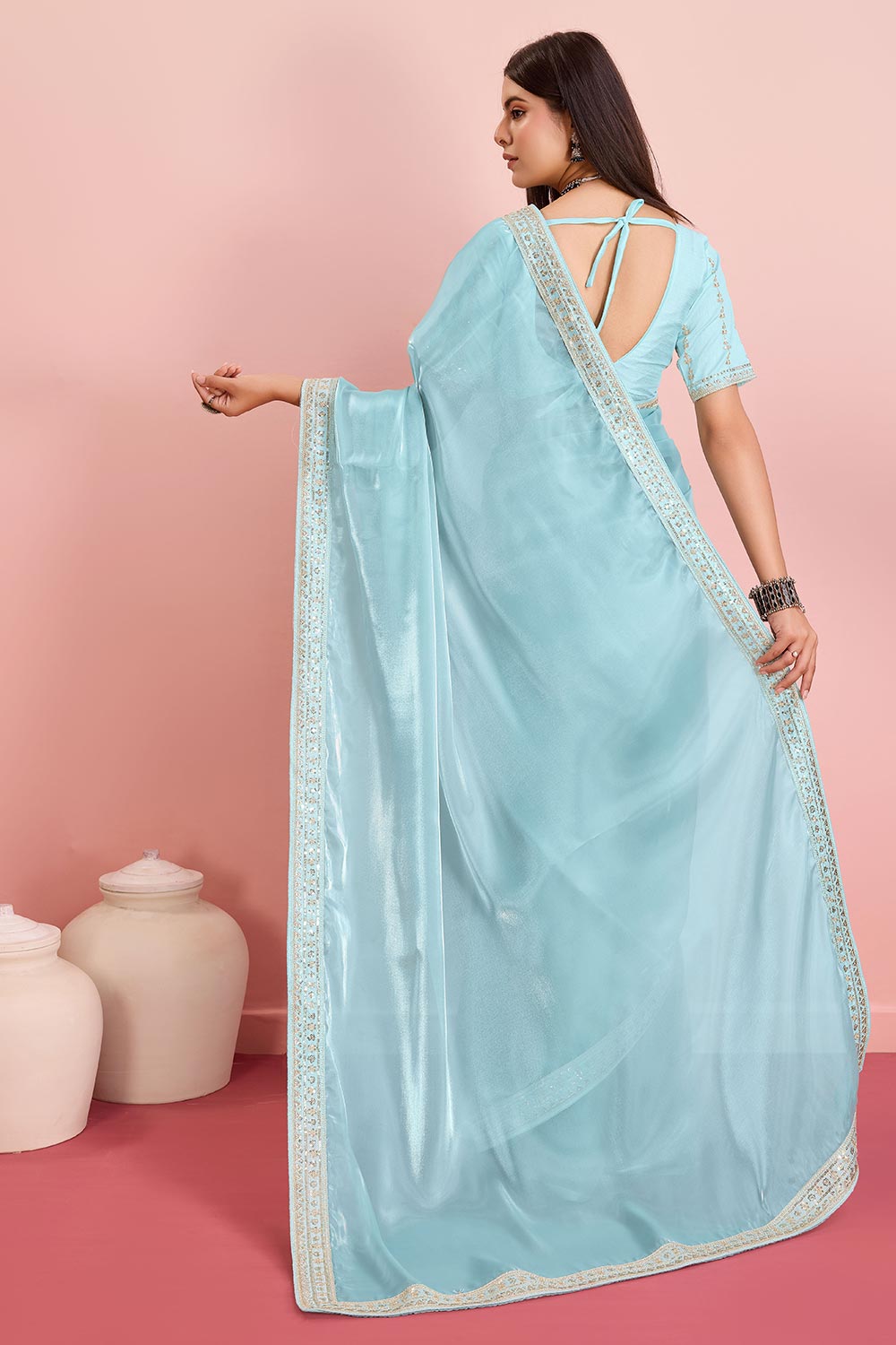 Sky Blue Jimmy Choo Embroidered Saree