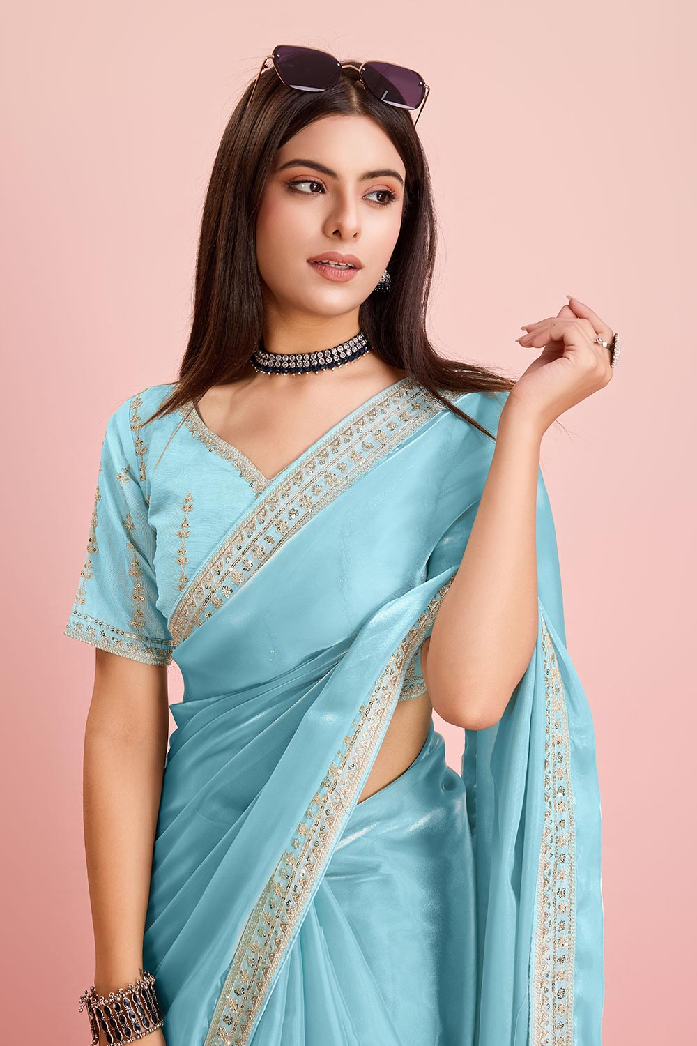 Sky Blue Jimmy Choo Embroidered Saree