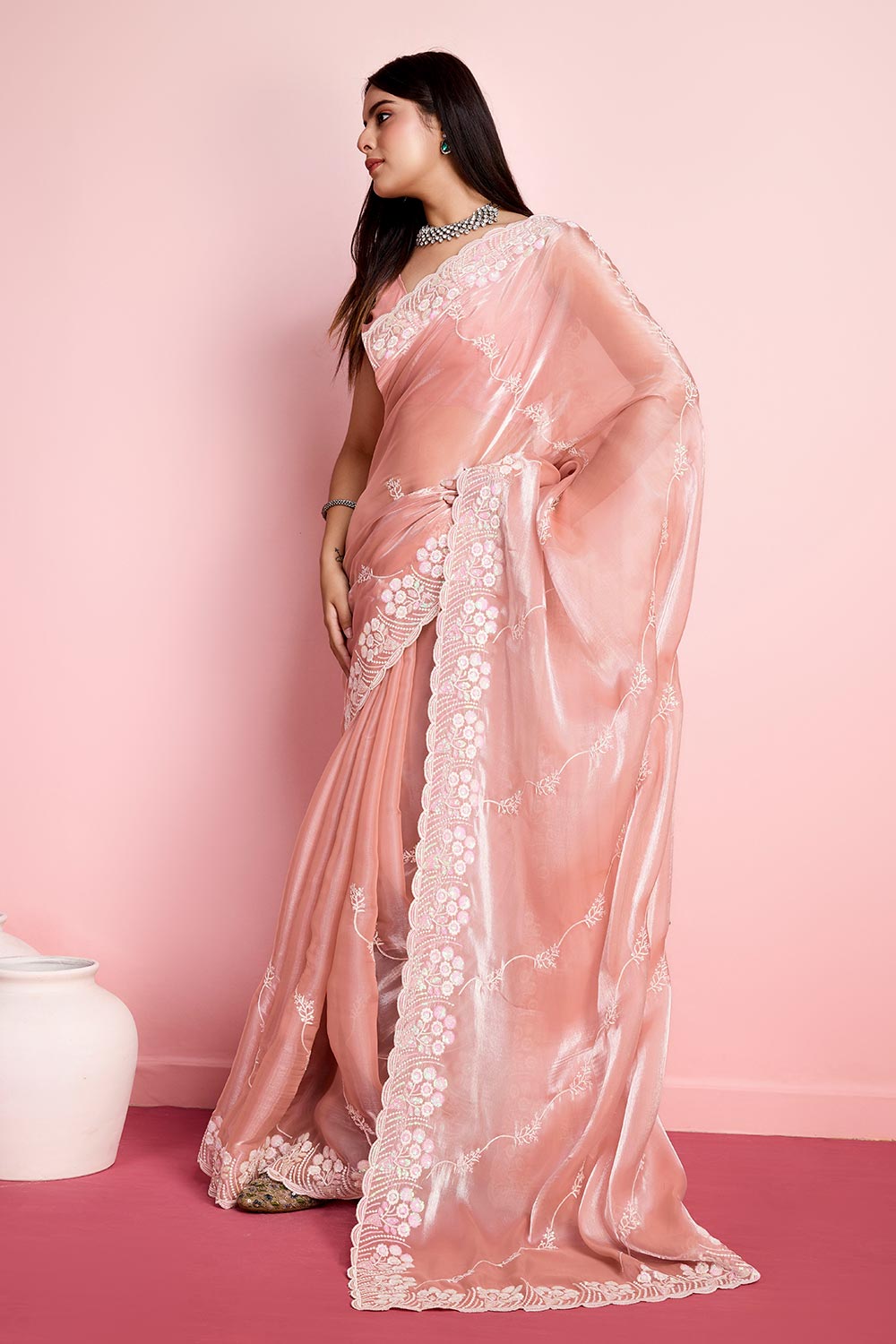 Peach Jimmy Choo Embroidered Saree