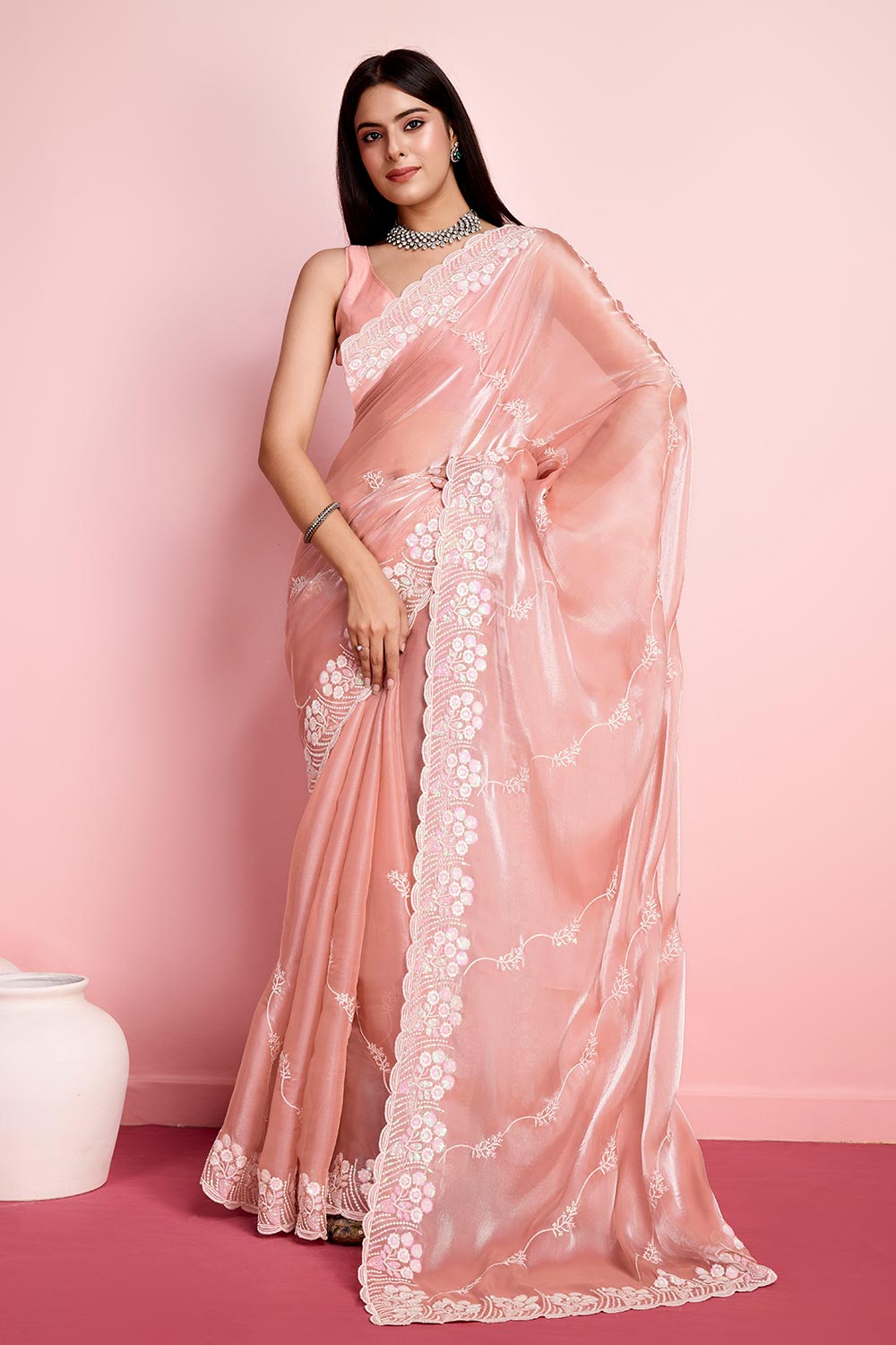 Peach Jimmy Choo Embroidered Saree