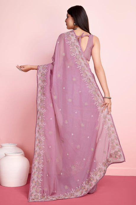 Pink Organza Embroidered Saree