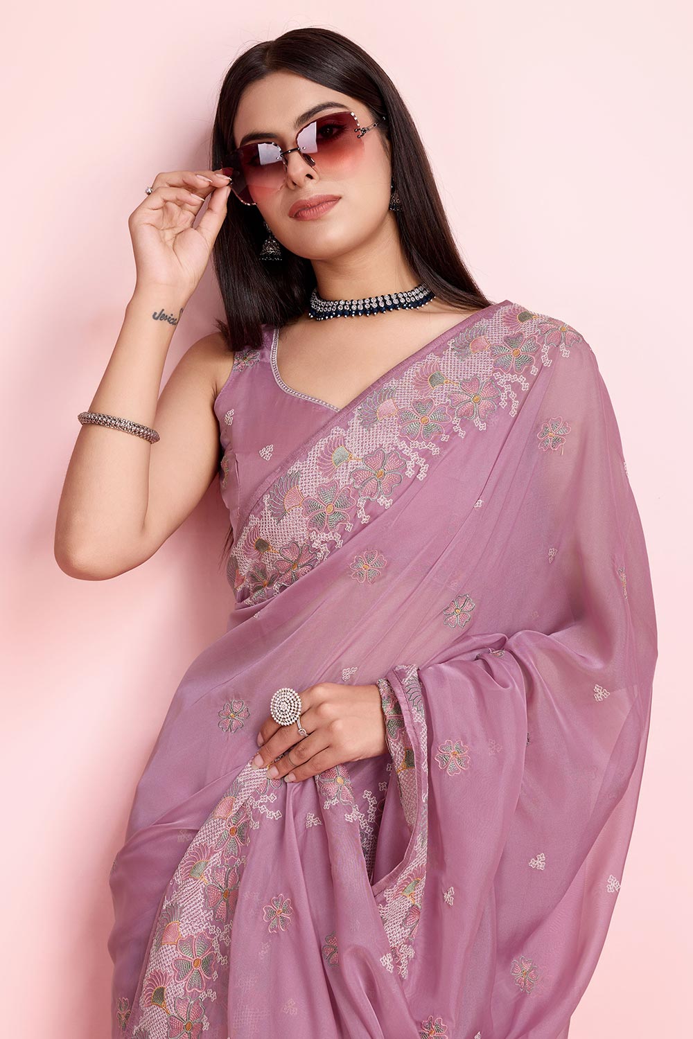 Pink Organza Embroidered Saree