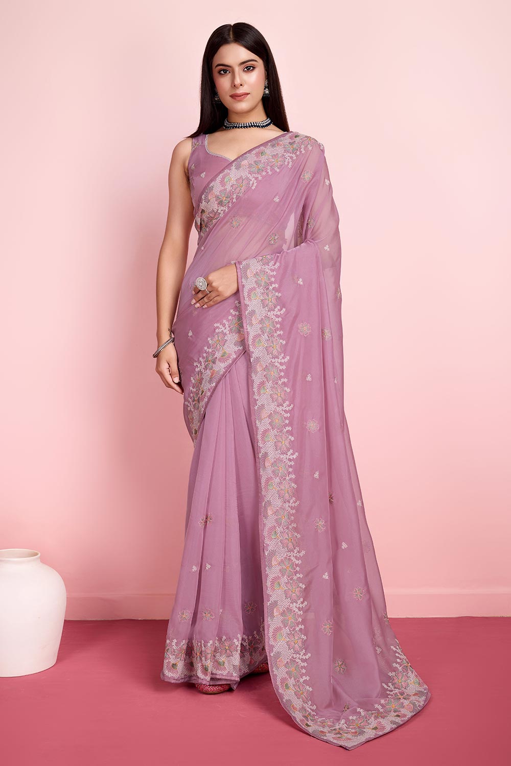 Pink Organza Embroidered Saree