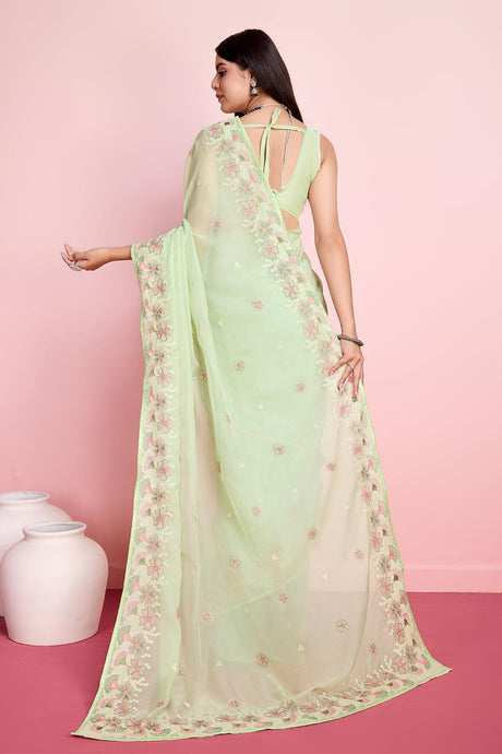 Green Organza Embroidered Saree