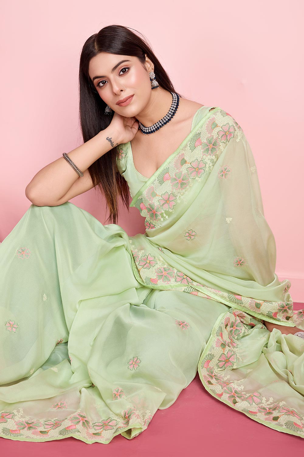 Green Organza Embroidered Saree