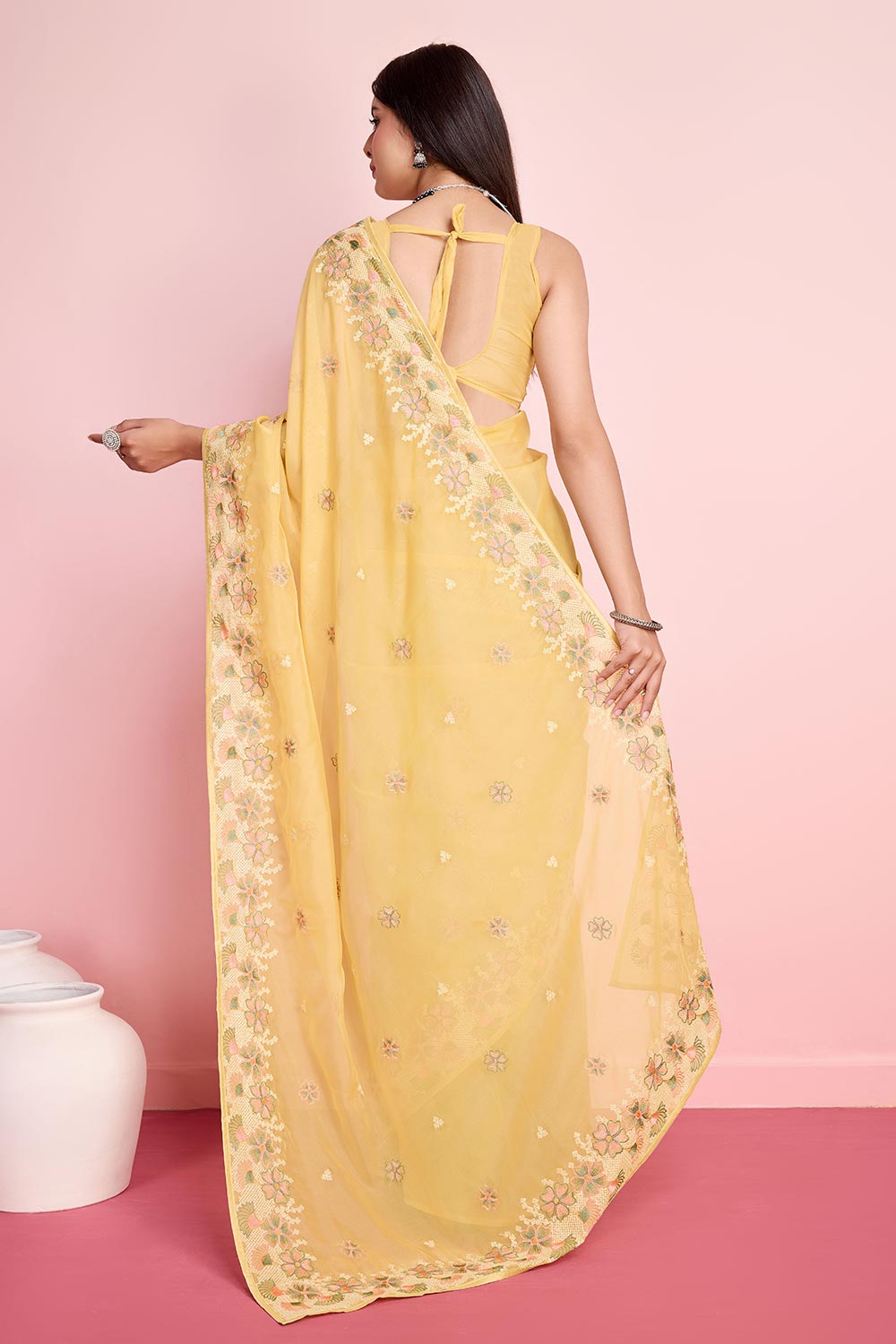 Yellow Organza Embroidered Saree