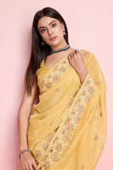 Yellow Organza Embroidered Saree