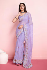 Voilet Organza Embroidered Saree