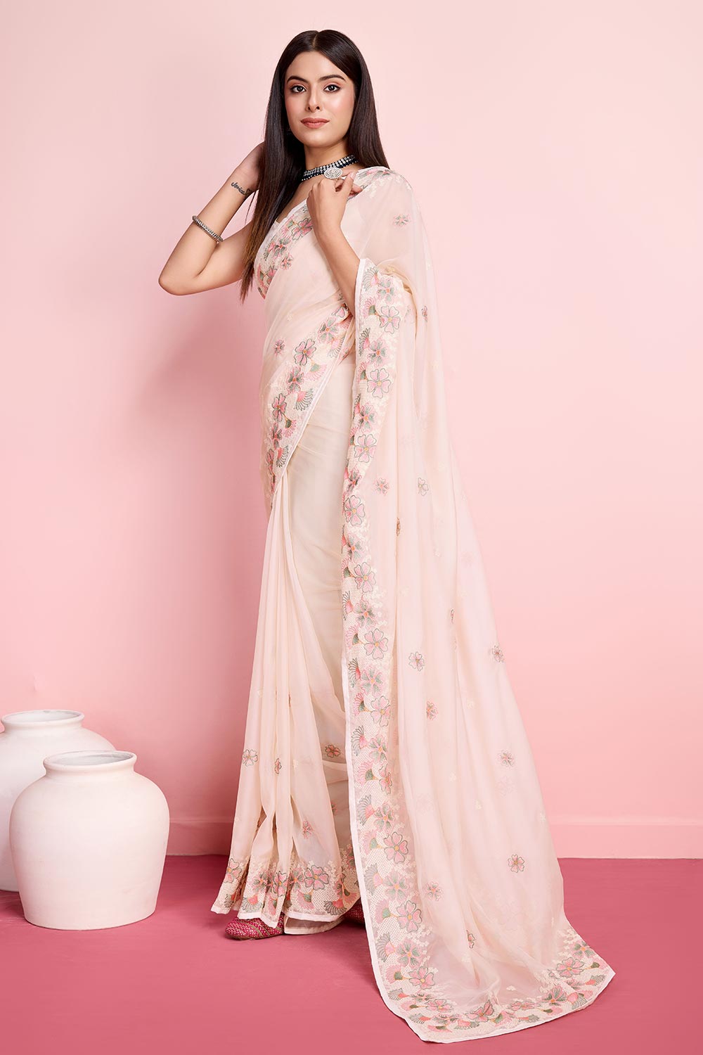 Cream Organza Embroidered Saree