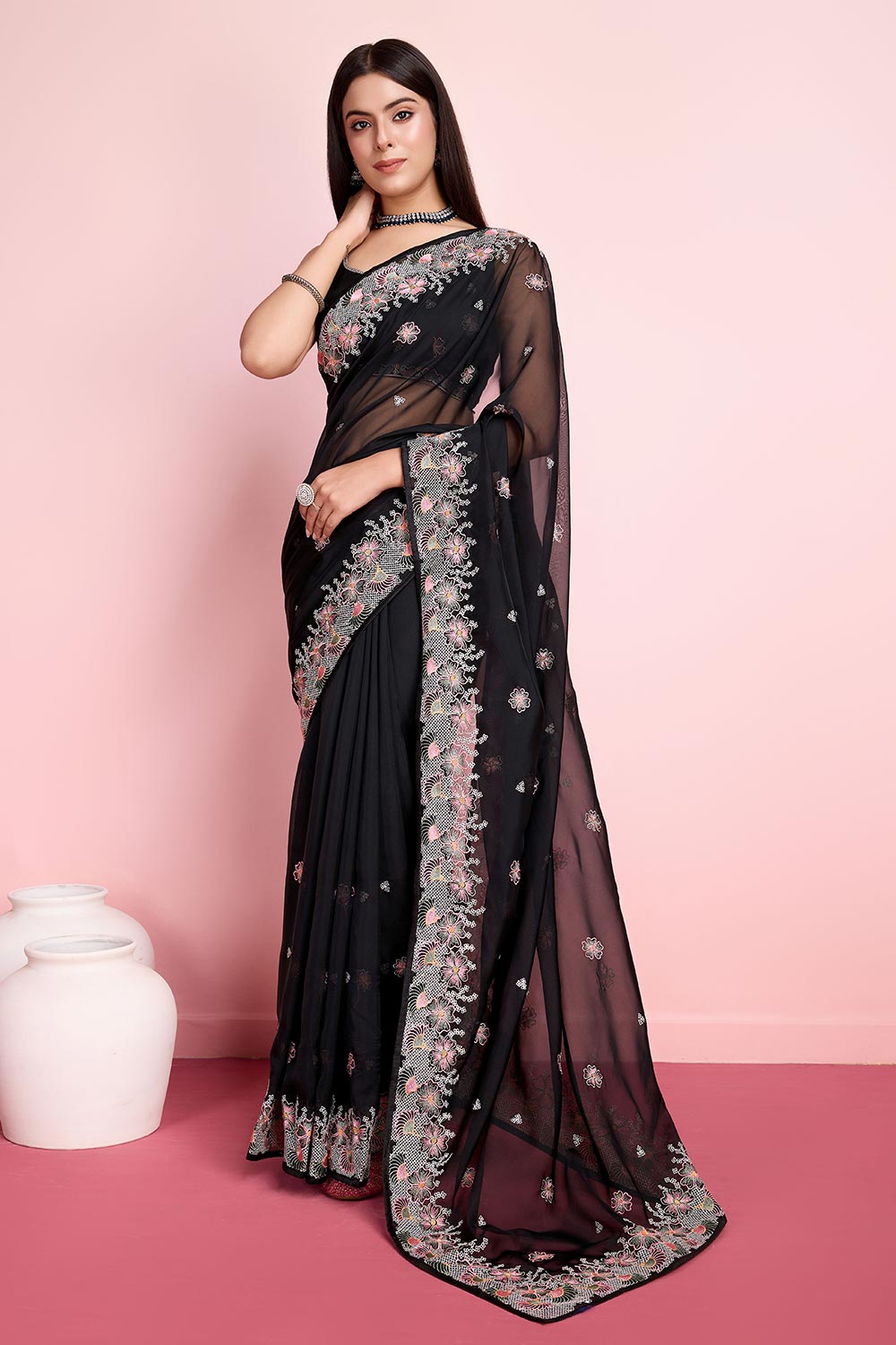 Black Organza Embroidered Saree