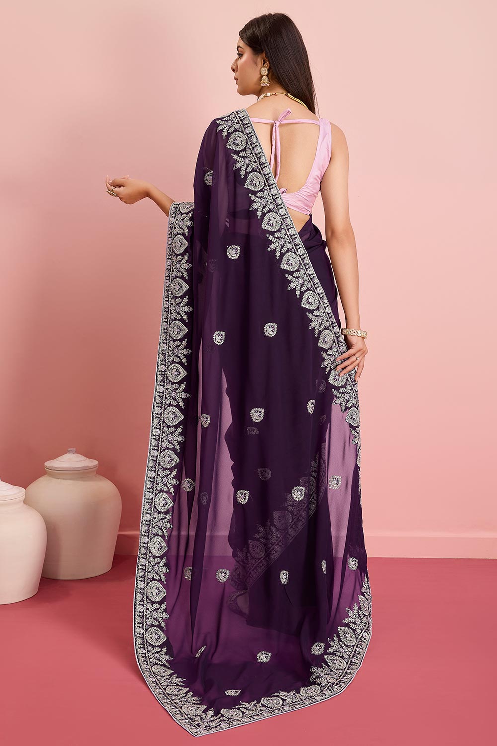 Purple Georgette Embroidered Saree