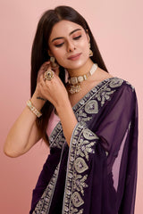 Purple Georgette Embroidered Saree