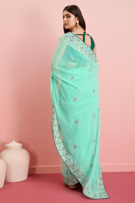 Sea Green Georgette Embroidered Saree