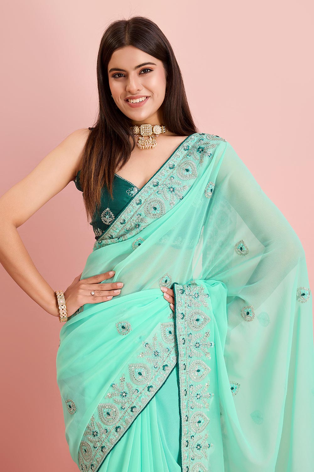 Sea Green Georgette Embroidered Saree