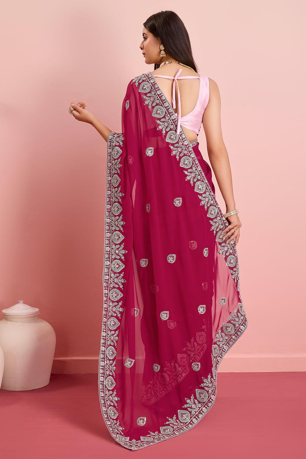 Pink Georgette Embroidered Saree