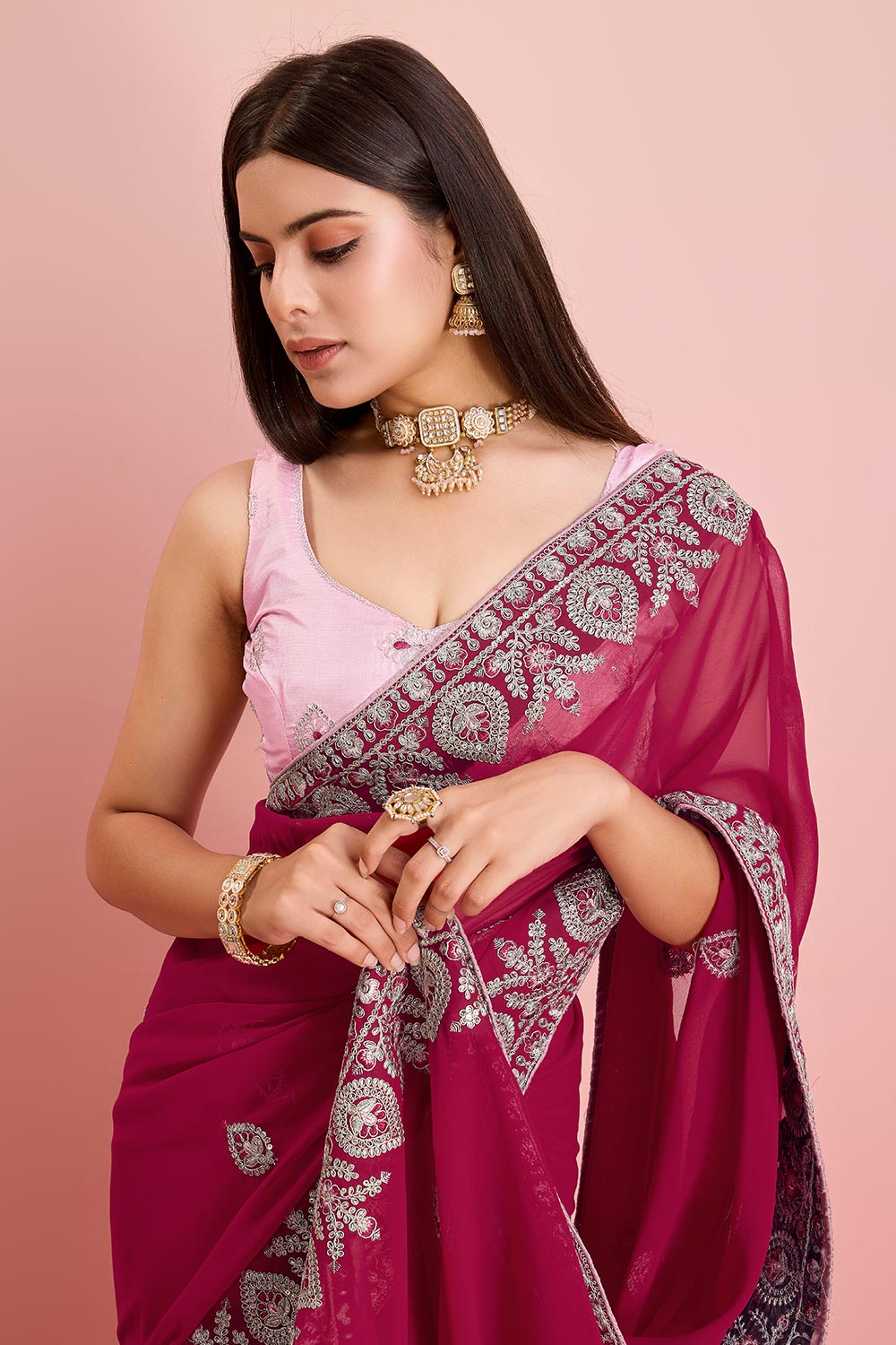 Pink Georgette Embroidered Saree