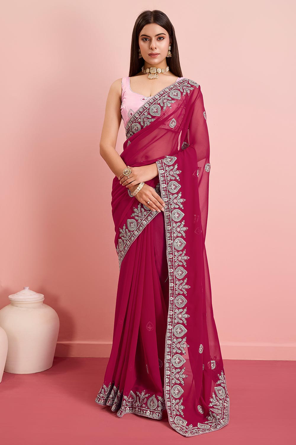 Pink Georgette Embroidered Saree