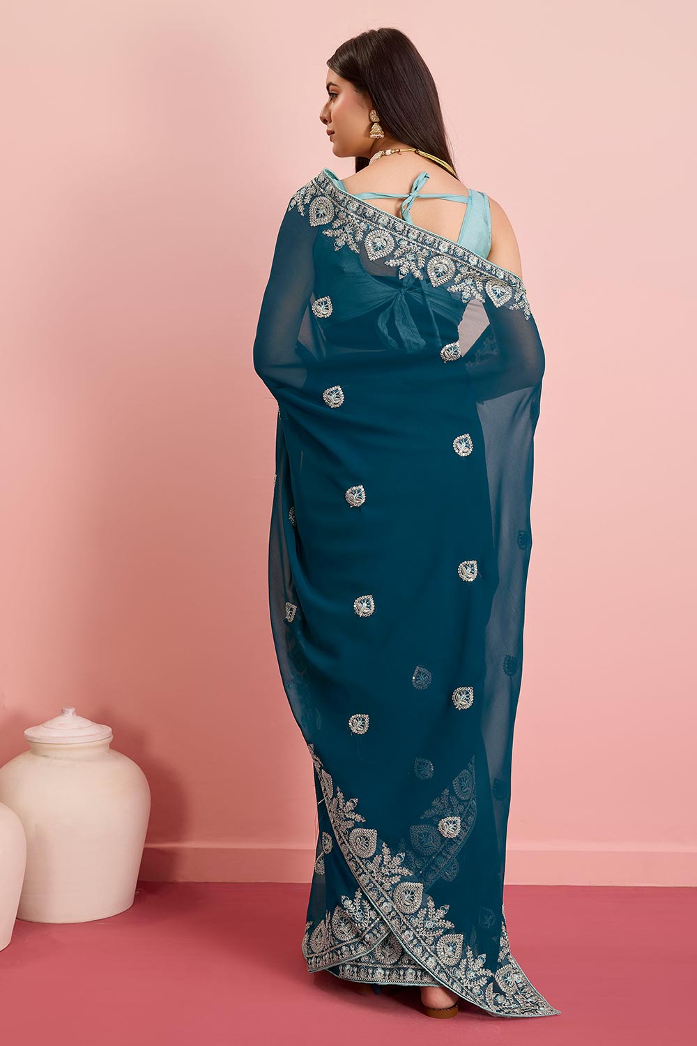 Teal Blue Georgette Embroidered Saree