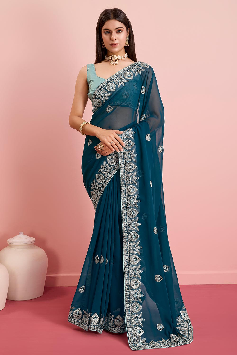 Teal Blue Georgette Embroidered Saree