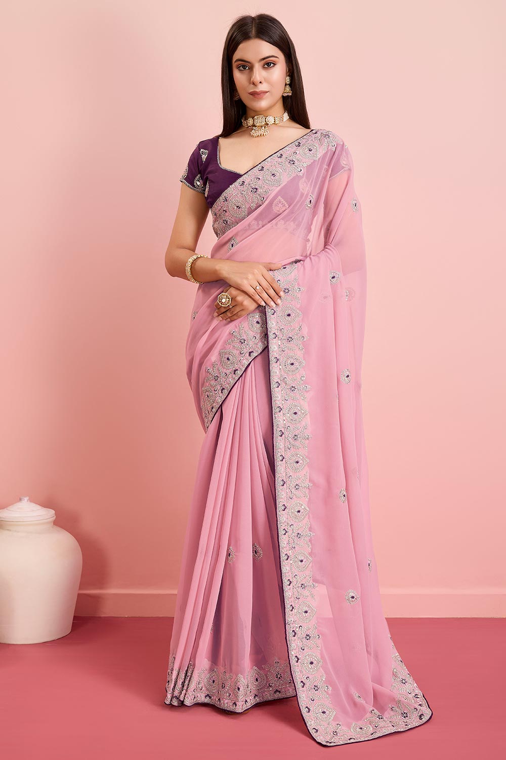 Pink Georgette Embroidered Saree