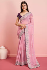 Pink Georgette Embroidered Saree