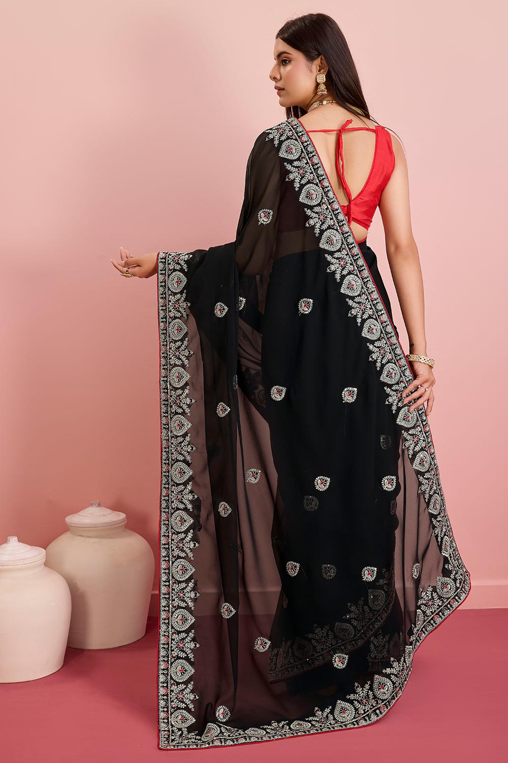 Black Georgette Embroidered Saree