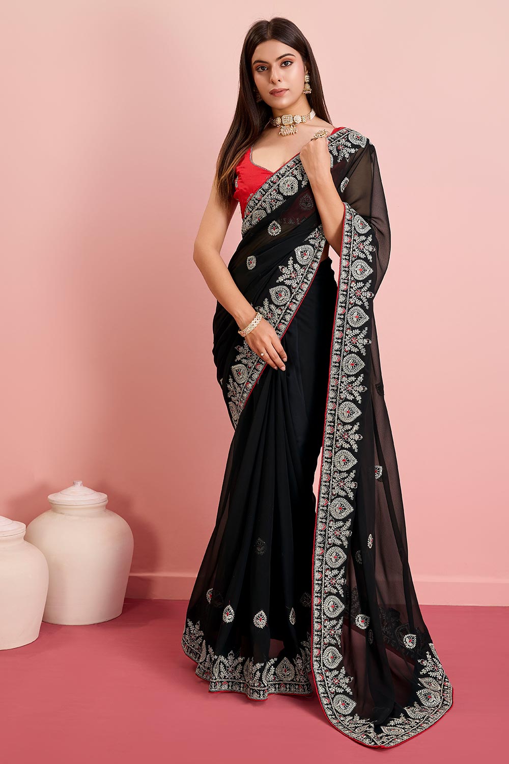 Black Georgette Embroidered Saree