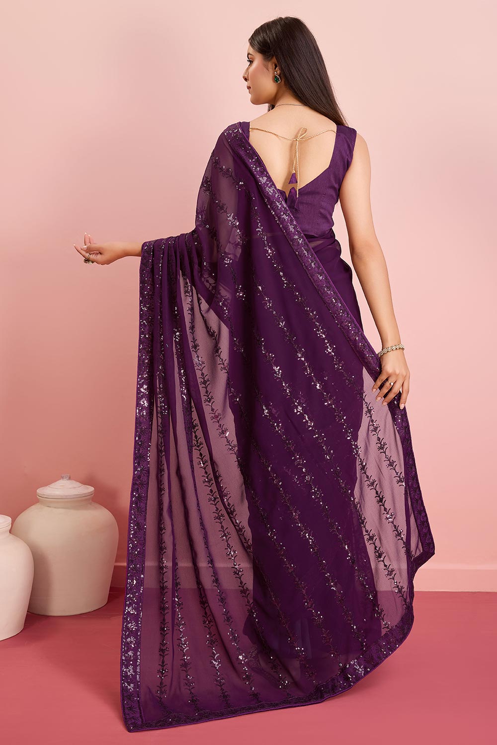 Purple Georgette Embroidered Saree