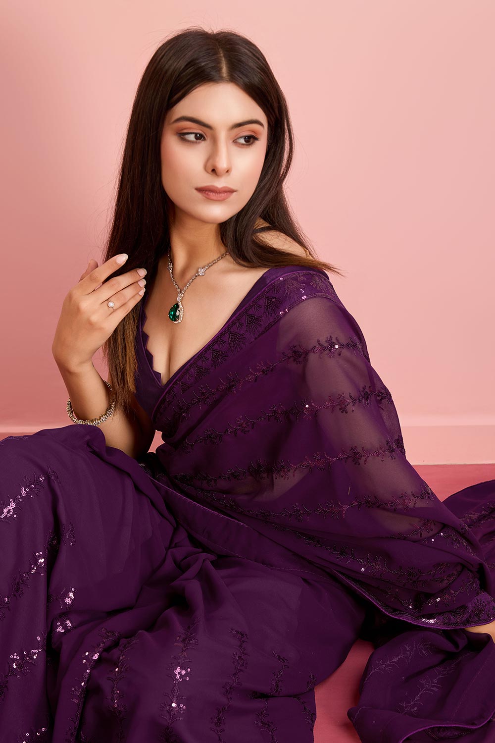 Purple Georgette Embroidered Saree