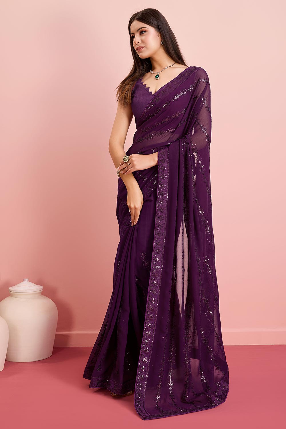 Purple Georgette Embroidered Saree