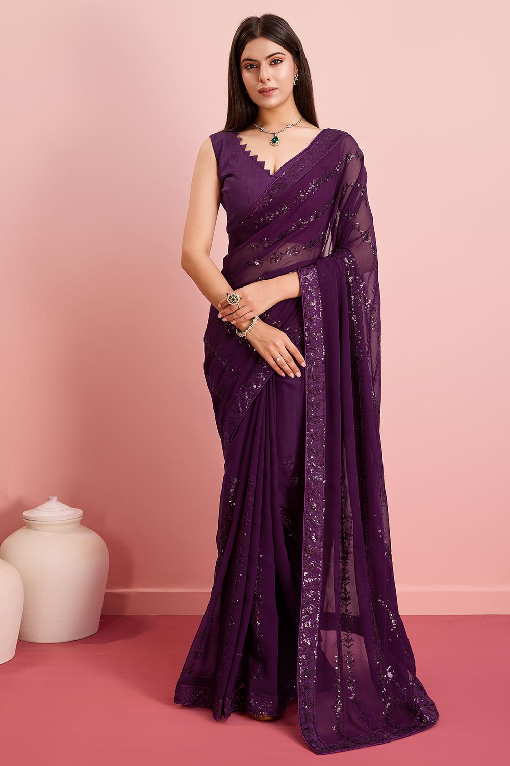 Purple Georgette Embroidered Saree