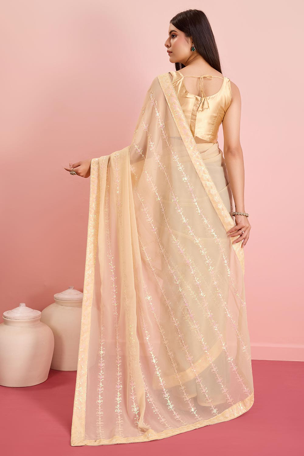 Beige Georgette Embroidered Saree