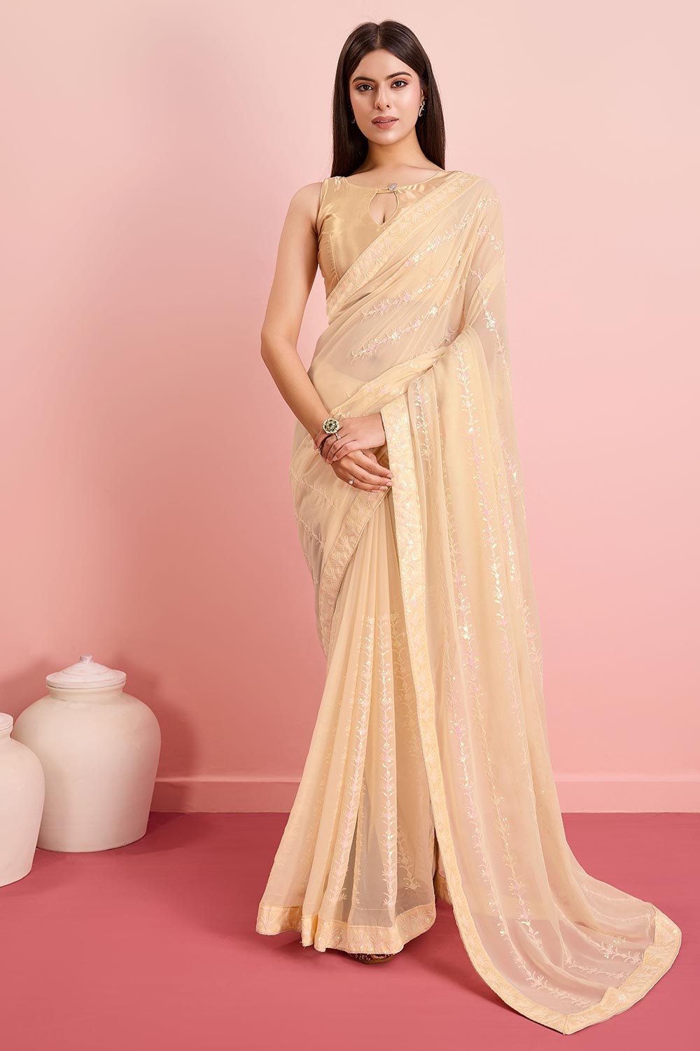 Beige Georgette Embroidered Saree