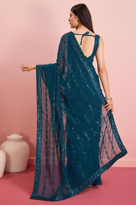 Teal Blue Georgette Embroidered Saree