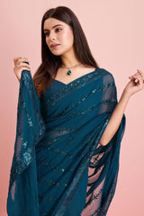 Teal Blue Georgette Embroidered Saree