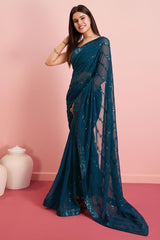 Teal Blue Georgette Embroidered Saree