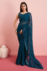 Teal Blue Georgette Embroidered Saree