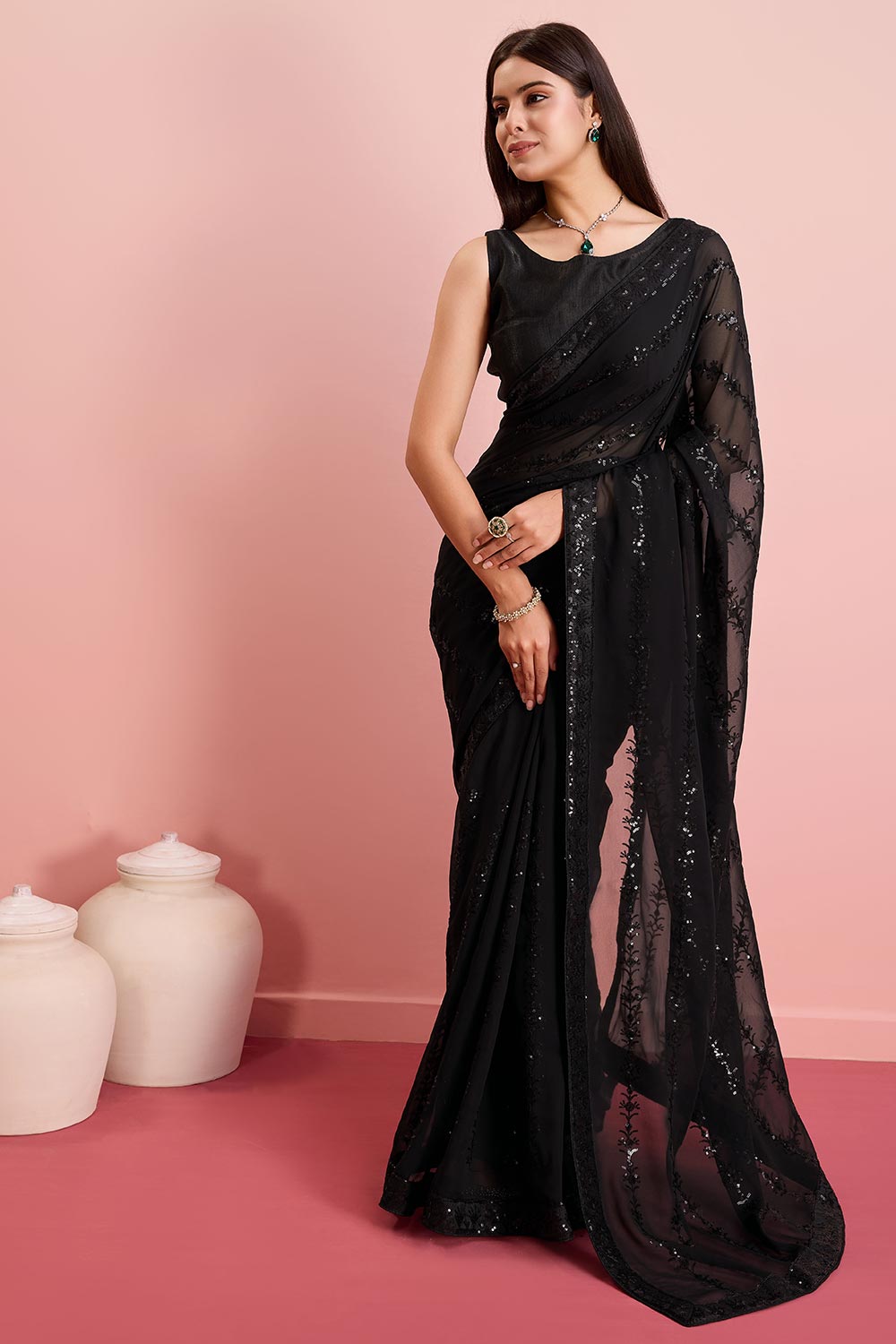 Black Georgette Embroidered Saree