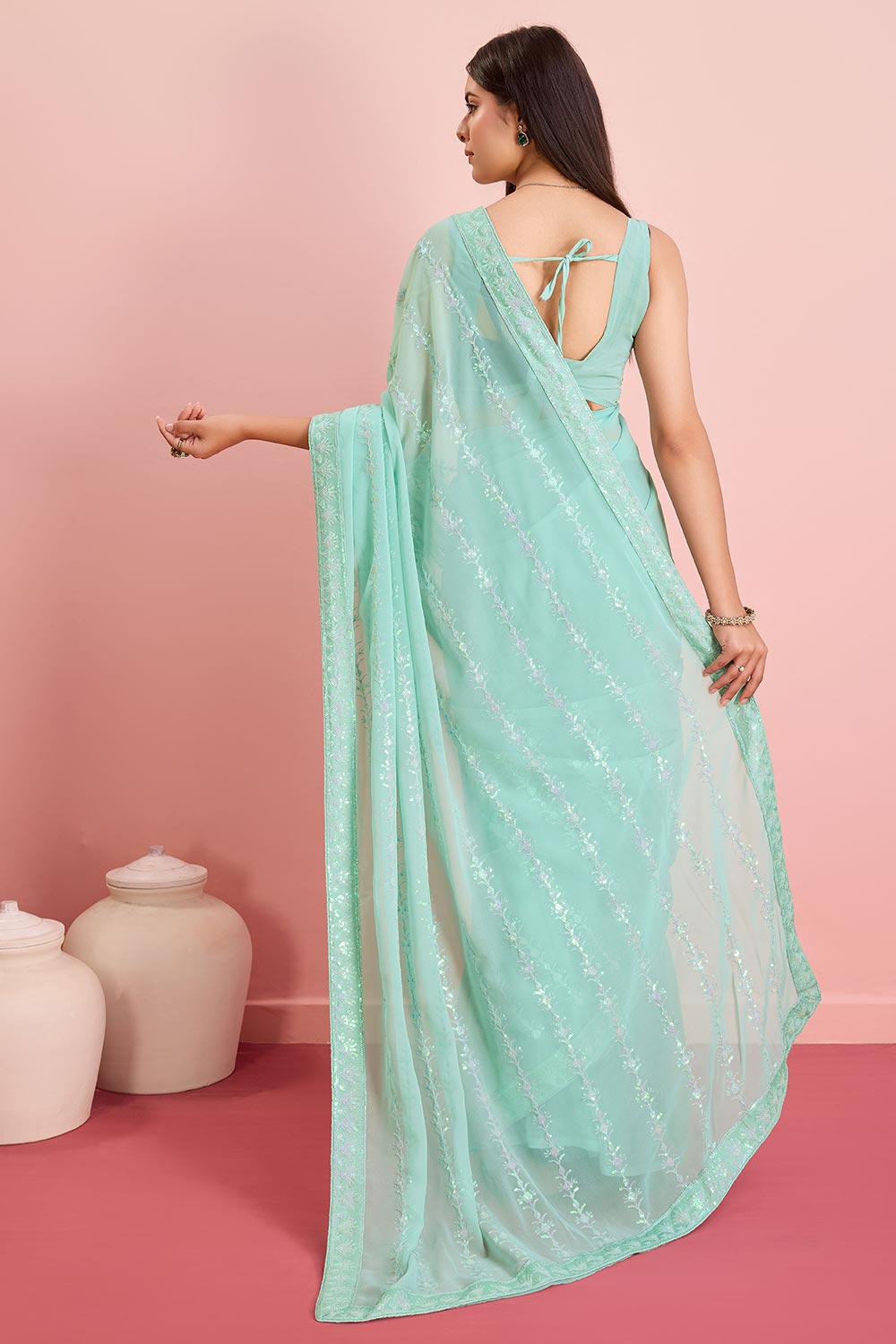 Sky Blue Georgette Embroidered Saree